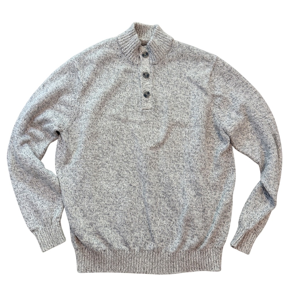 IZOD Pullover Sweater Mens XL Gray Marled Mock Neck Quarter Button Cotton Blend